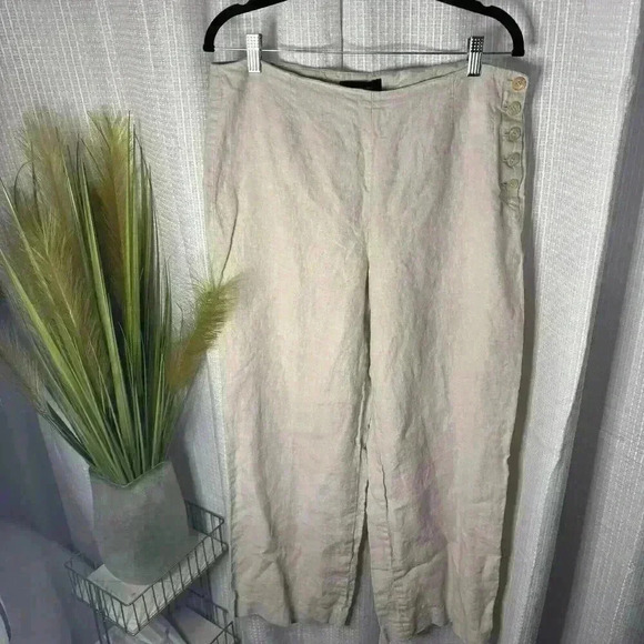 Talbots Womens 10 100% Linen High Rise Pants Wide leg Side Button Light Beige - Picture 1 of 12